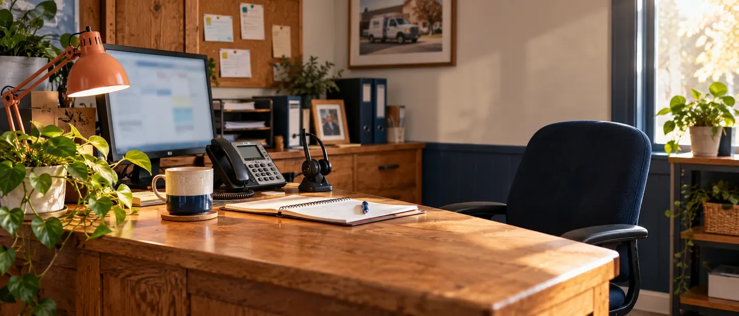 Illustrative small service-business front desk with a phone, headset, and an open notebook