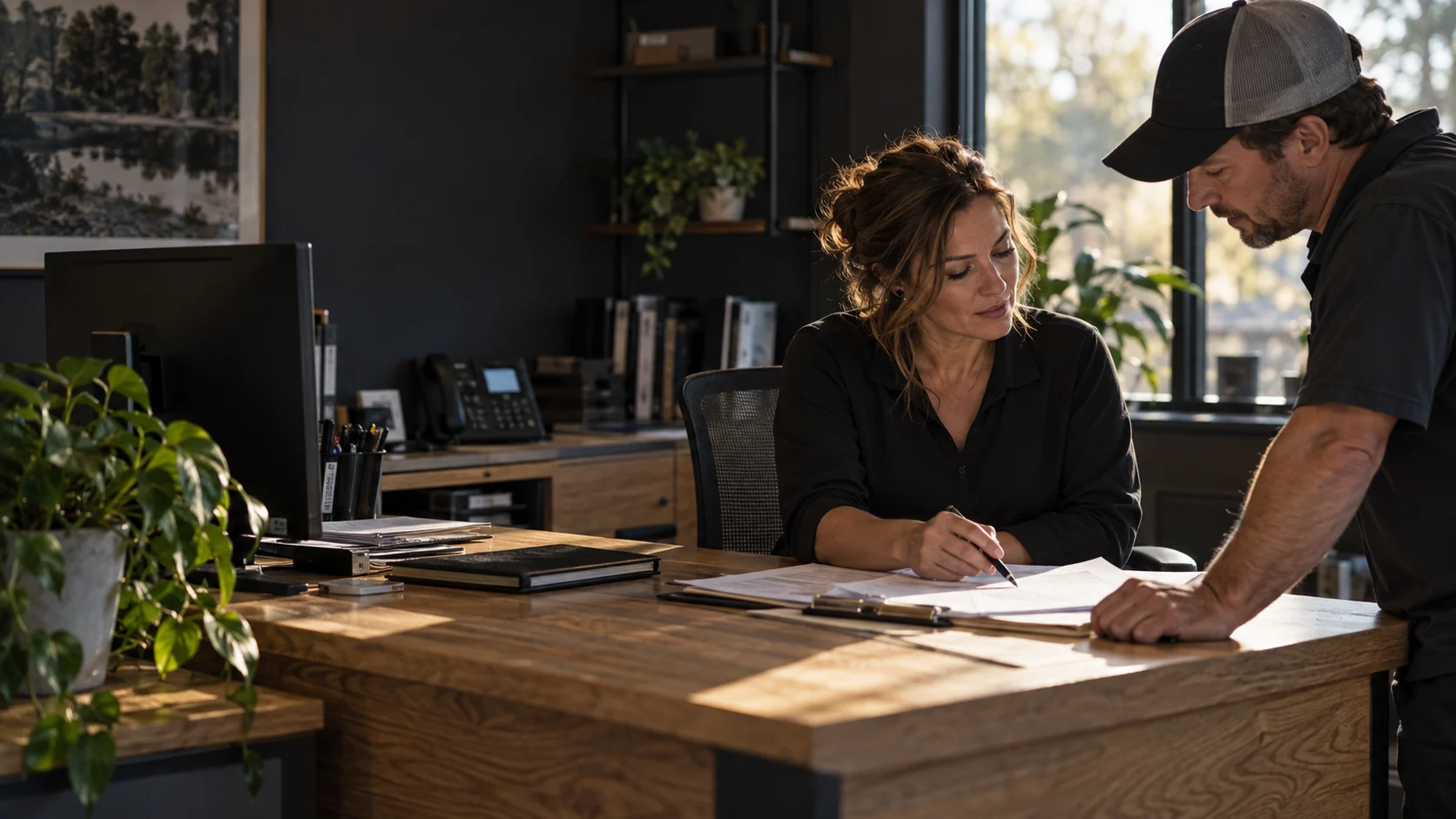 Office and field service teammates reviewing a customer request